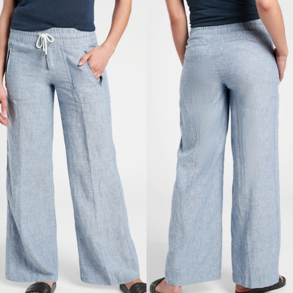 Athleta Cabo Linen Wide Leg Pant Chambray Blue 4